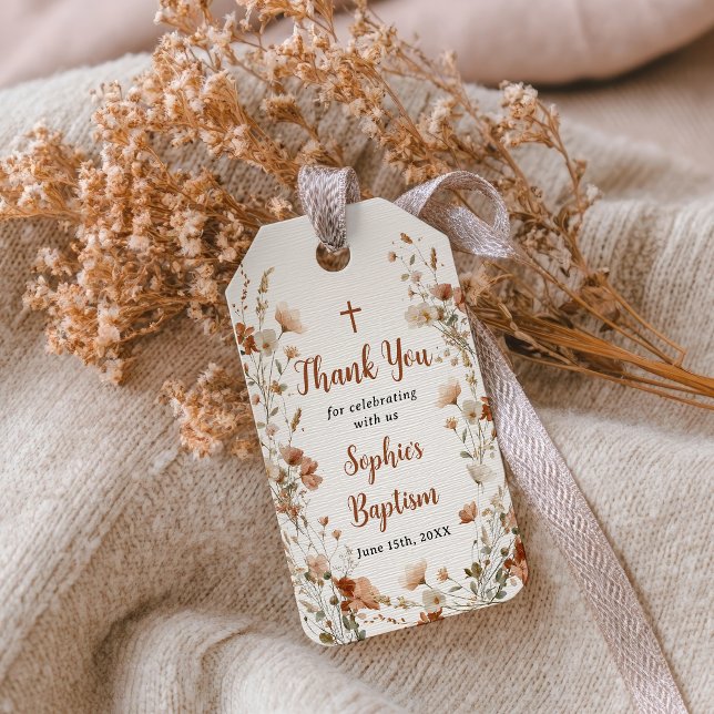 Rustikale Dusty Rose Wildblume Taufe Vielen Dank Geschenkanhänger (Rustic Dusty Rose Wildflower Baptism Thank You Gift Tags)
