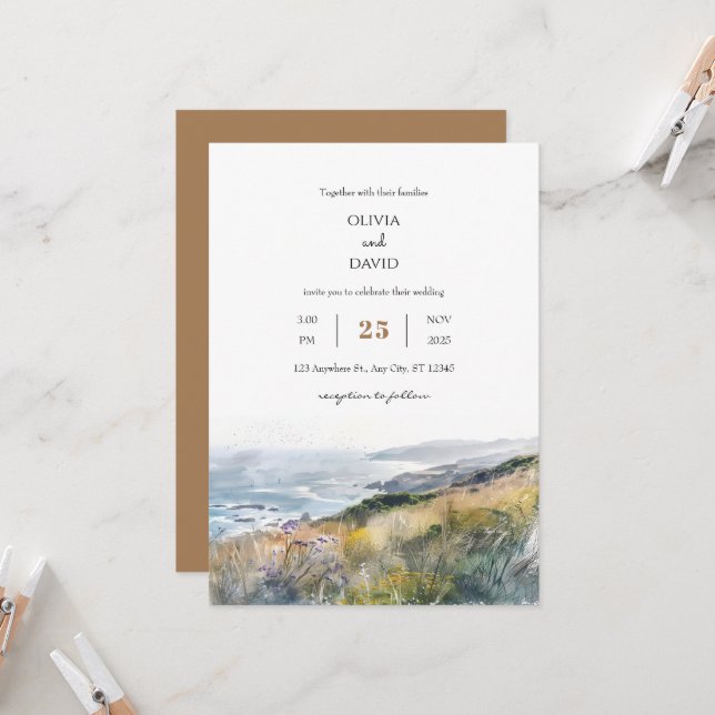 Rustikale dusty Windy Bluffs Ocean View Hochzeit a Einladung (Vorderseite/Rückseite Beispiel)
