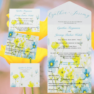 Rustikale einfache blaue gelbe Mohnblumen Aquarell All In One Einladung