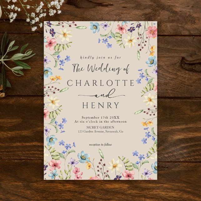 Rustikale einfache Botanische Wildblume Hochzeit Einladung (Von Creator hochgeladen)