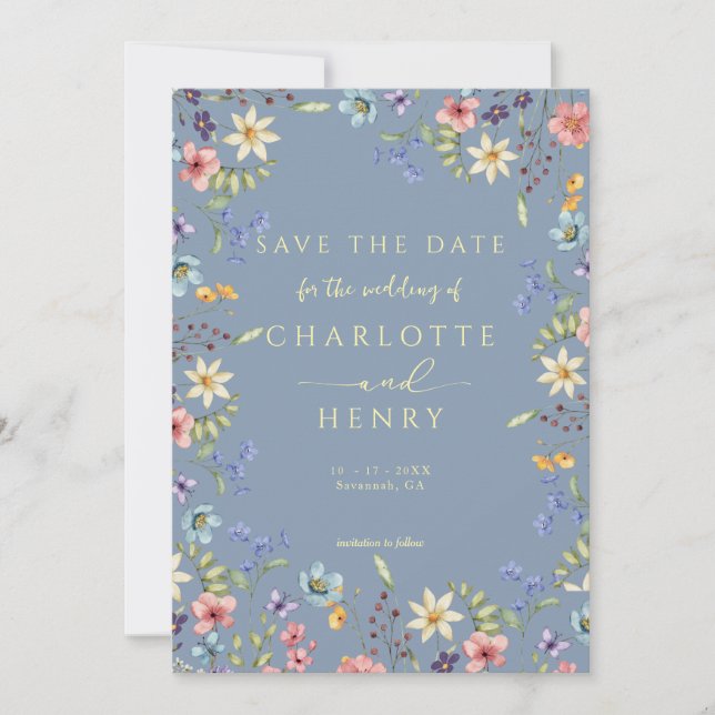 Rustikale einfache Wildblume Dusty Blue Wedding Save The Date (Vorderseite)