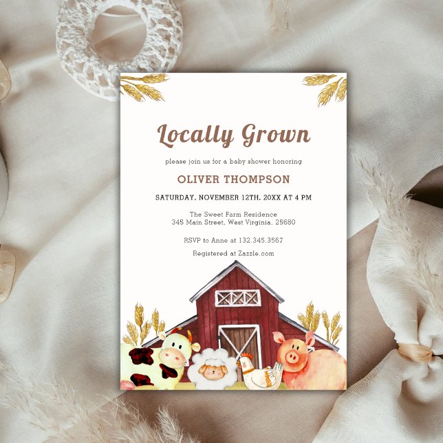 Rustikale, einheimische Landtiere Babydusche Einladung (Rustic Locally Grown Farm Animals Baby Shower Invitation)