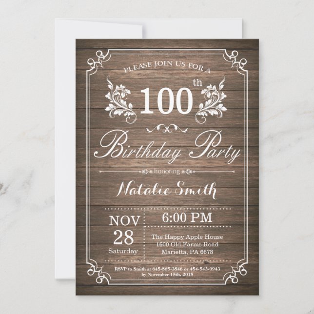 Rustikale Einladung zum 100. Geburtstag (Vorderseite)