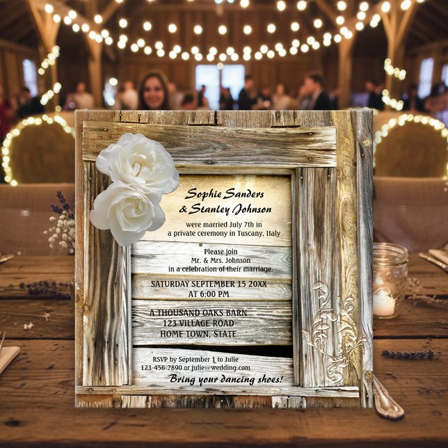 Rustikale Einladung zum Hochzeitsfeiern (Post wedding invitation or reception only invitation featuring white roses on rustic wood)
