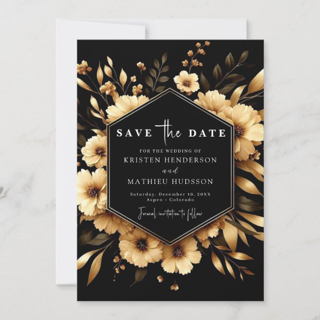 Rustikale, einzigartige Gold- und Black-Hochzeit Save The Date (Vorderseite)