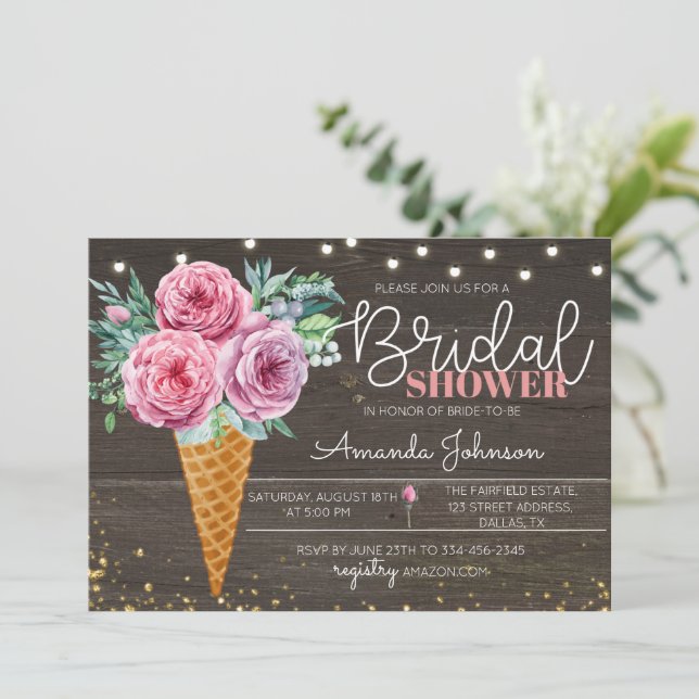 Rustikale Eiscreme Blume Brautdusche Einladung (Stehend Vorderseite)