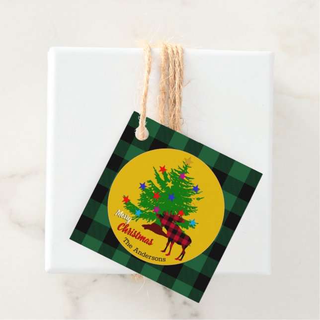 Rustikale Elche, Christbaum, Familienname, Kariert Geschenkanhänger (Beispiel)
