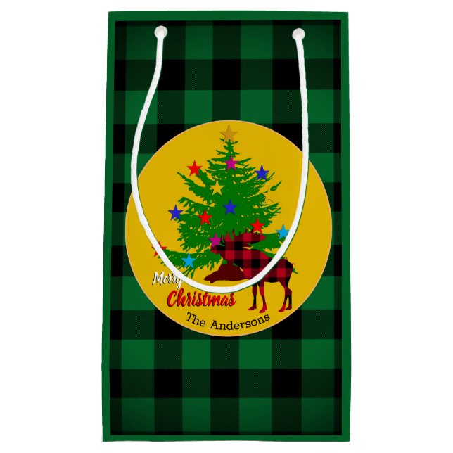 Rustikale Elche, Christbaum, Familienname, Kariert Kleine Geschenktüte (Vorderseite)