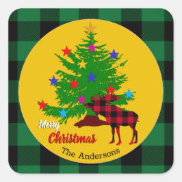 Rustikale Elche, Christbaum, Familienname, Kariert Quadratischer Aufkleber