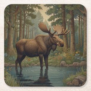 Rustikale Elchhirsche, bohobogische Waldlandschaft Rechteckiger Pappuntersetzer