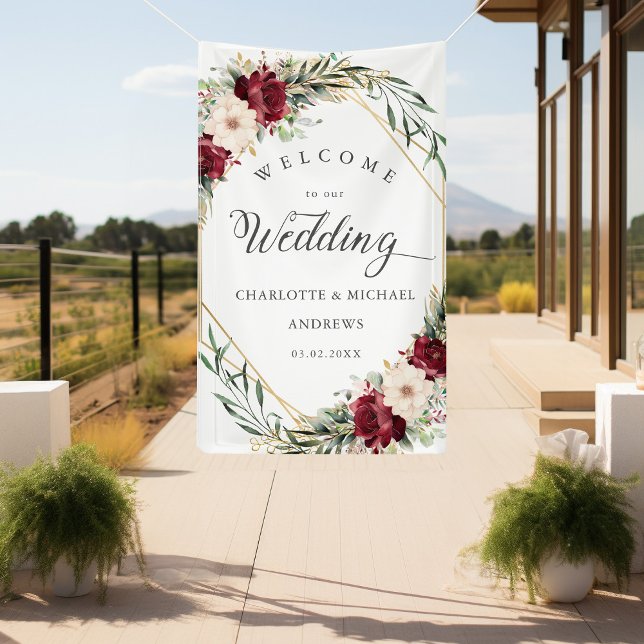 Rustikale Elegance-Blume, goldgeometrisch, Hochzei Banner (Rustic Elegance Flowers, Gold-Geometric, "Welcome" Wedding Banner With Your Name & Date.)