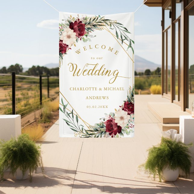 Rustikale Elegance-Blume, goldgeometrisch, Hochzei Banner (Rustic Elegance Flowers, Gold-Geometric, "Welcome" Wedding Banner With Your Name & Date.)