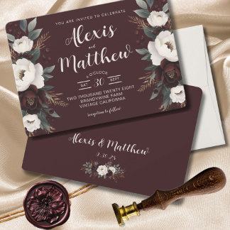 Rustikale Elegance Burgund Blumenhochzeit Einladung
