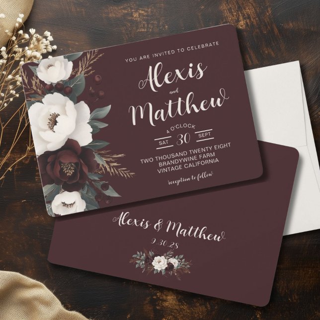 Rustikale Elegance Burgund Blumenhochzeit Einladung (Rustic Elegance Burgundy Boho Wedding Invitation, Winter Wedding, Country Chic)