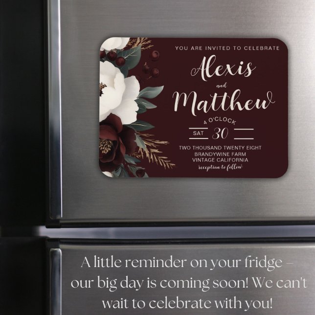 Rustikale Elegance Burgund Blumenhochzeit Magnet (Rustic Burgundy Floral Wedding Magnet Invitation, Boho Chic, Elegant Winter Design)
