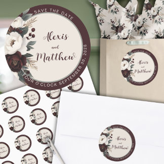 Rustikale Elegance Burgundy Floral Save the Date Runder Aufkleber