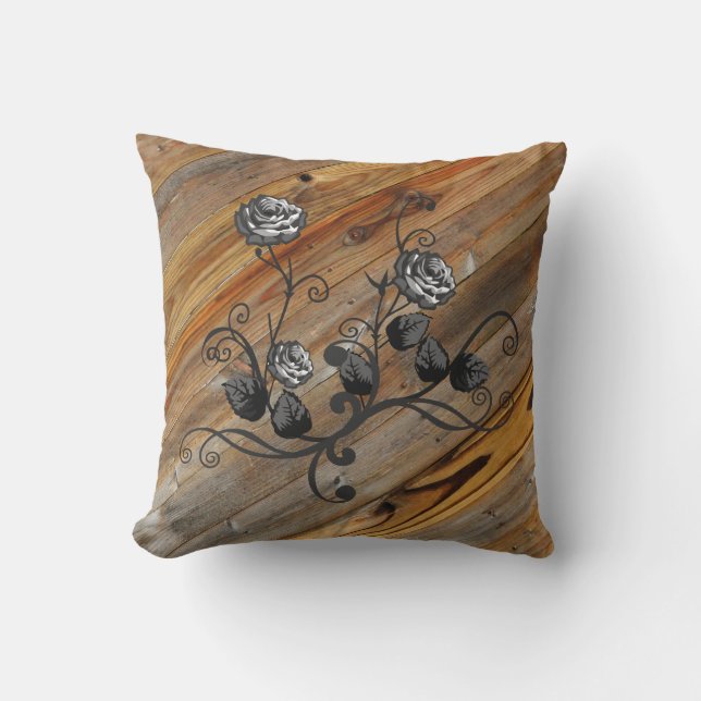 Rustikale Elegance Holz und Rose Kissen (Vorderseite)