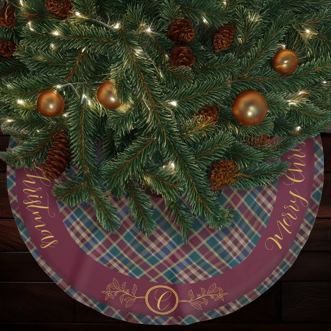 Rustikale Elegance Kariert Cranberry Dk Aquamarin  Polyester Weihnachtsbaumdecke (Elegant Gold Monogram Holly and Berries with Dark Rich Plaid Christmas Holiday Tree Skirt)