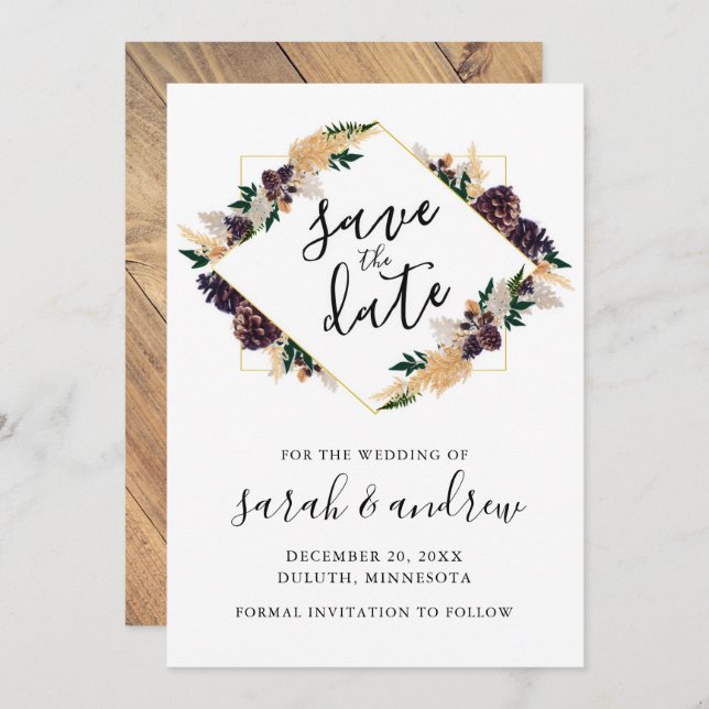 Rustikale Elegance Pine Cone Grüne Save the Date (Vorne/Hinten)