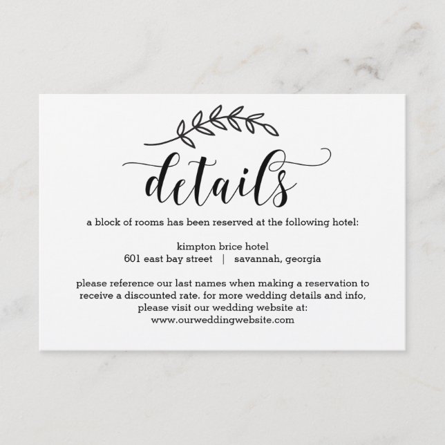 Rustikale Elegance Wedding Details Card Kraft Begleitkarte (Vorderseite)