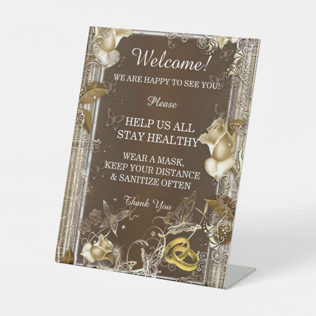 Rustikale Elegance White Rose Hochzeitsicherheit Sockelschild (Vorderseite)