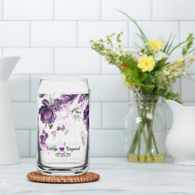 Rustikale Elegant Dark Lila Peonies Dosenglas (Elegant & Rustic Purple Peonies Monogram Wedding or Anniversary Glass)