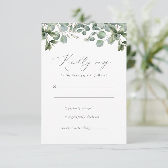 Rustikale Elegant Grüne Eukalyptus Wedding RSVP Karte (Stehend Vorderseite)