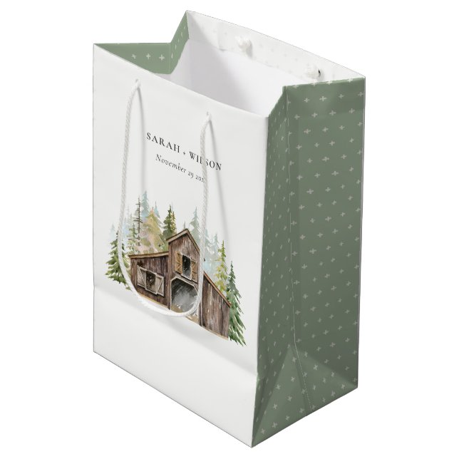 Rustikale Elegant Pine Woods Forest Barnyard Hochz Mittlere Geschenktüte (Vorderseite Schrägansicht)