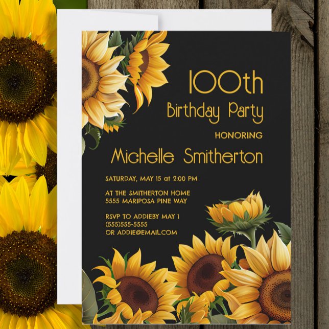 Rustikale Elegant Sonnenblumen Schwarz 100. Geburt Einladung (Sunflowers on black 100th birthday invitation)