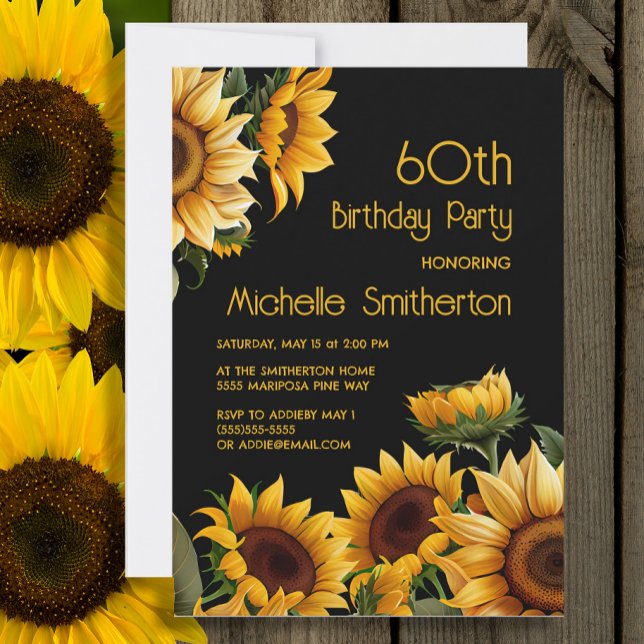 Rustikale Elegant Sonnenblumen Schwarz 60. Geburts Einladung (Sunflowers on black 60th birthday party invitation)