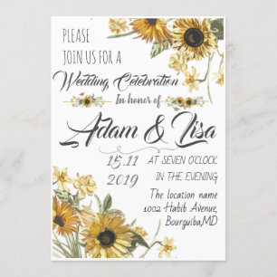 Rustikale & elegante gelbe Sonnenblumen-Hochzeit Einladung