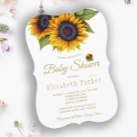 Rustikale, elegante goldene Sonnenblumen Sommerbab Einladung<br><div class="desc">Moderne Blumen-Babydusche Stilvorlage mit einem großen gelben Sonnenblumenstrauß und einem schicken Imitat goldenen Typografie-Skript. Einfach mit Ihren Daten personalisieren! Sie können wählen, ob Sie den Schriftart und die Farbe des Buchstaben ändern möchten. Die Einladung ist geeignet für neutrale Sommer- oder Herbstfälle rustikales Land, Böhmen, Garten im Freien oder Hinterhof Baby...</div>