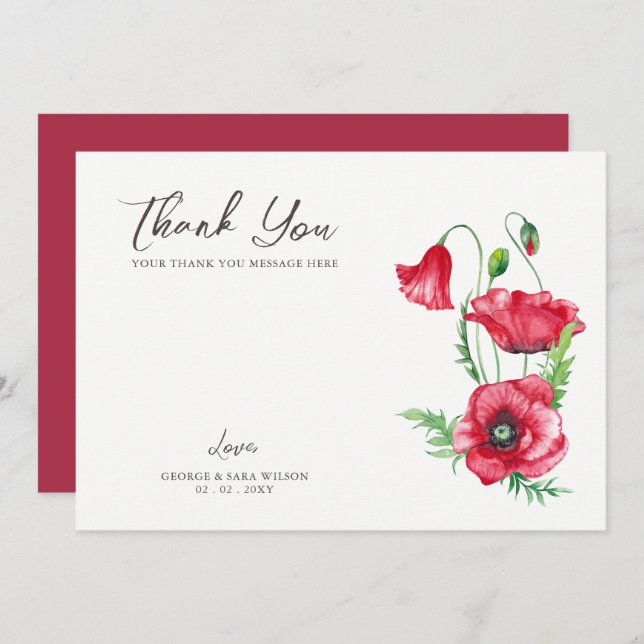 Rustikale elegante Hochzeit mit rotem Poppy Dankeskarte (Vorne/Hinten)