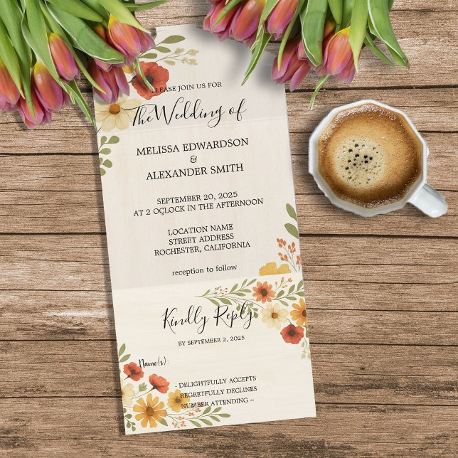 Rustikale, elegante Hochzeitsfeier in Boho All In One Einladung (Rustic elegant boho watercolor floral wedding all in one invitation. An invitation and RSVP in one.)