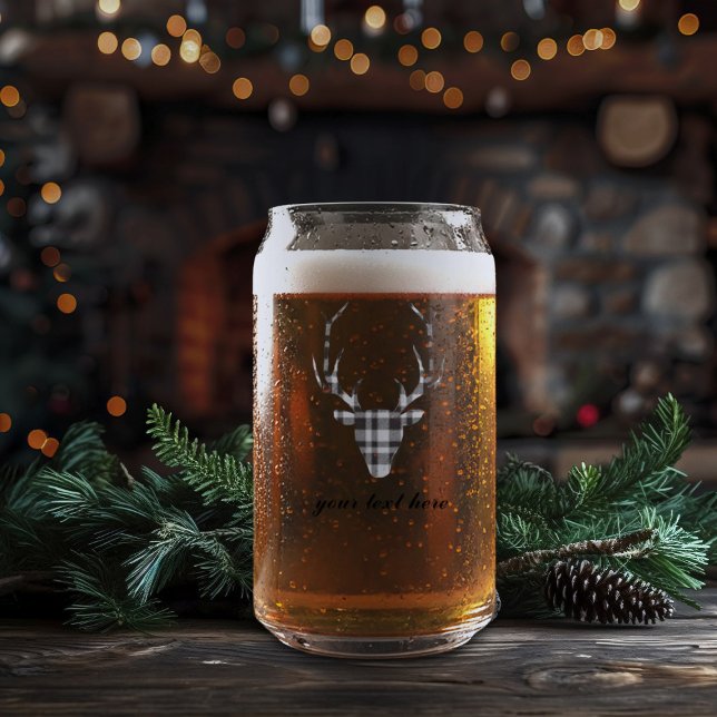 Rustikale elegante personalisierte Hirsch-Bierdose Dosenglas (rustic elegant black and white plaid deer beer can glass)