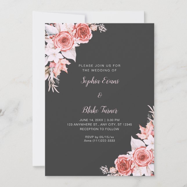 Rustikale, elegante Rosen Fall Shadow Gray Wedding Einladung (Vorderseite)