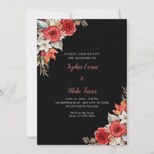 Rustikale Elegante Rote Rosen fallen Black Wedding Einladung
