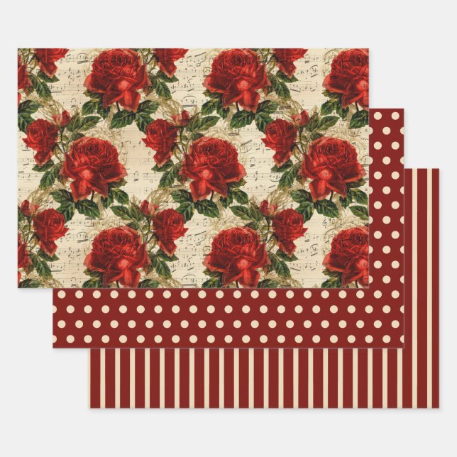 Rustikale Elegante Rote Rosen Polka Dots Streifen  Geschenkpapier Set (Set)