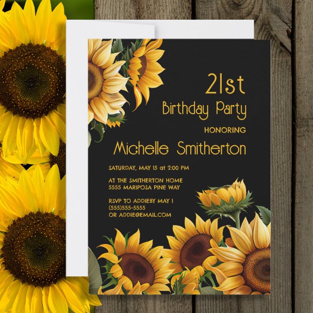Rustikale Elegante Sonnenblumen Schwarz 21. Geburt Einladung (Sunflowers on black 21st birthday invitation)