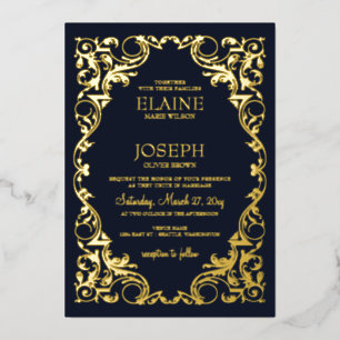 Rustikale elegante verzierte Rahmen Navy-Hochzeit Folieneinladung