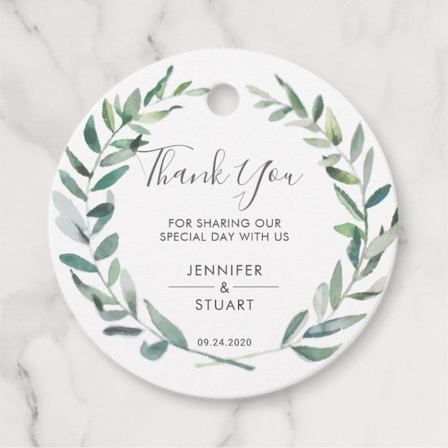 Rustikale, elegante Watercolor Blätter Hochzeit Vi Geschenkanhänger (Vorderseite)