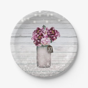 Rustikale Eleganz Holz & Burgunderrote Blumen im M Pappteller
