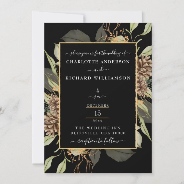 Rustikale Eleganz, Pinecone Rahmen auf schwarz Einladung (Vorderseite)