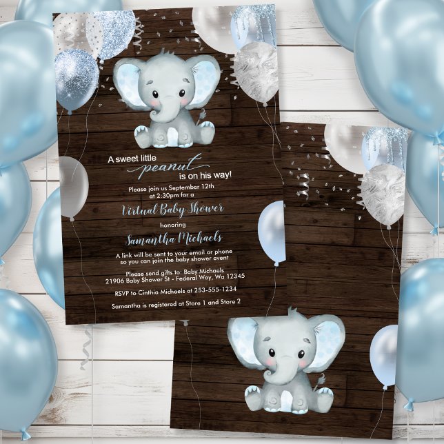Rustikale Elephant Boy Balloons Virtual Baby Dusch Einladung (Rustic Elephant Boy Balloons Virtual Baby Shower Invitation)