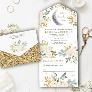 Rustikale Elfenbein-Gold-Blumen-Boho-Mond-Baby-Par All In One Einladung