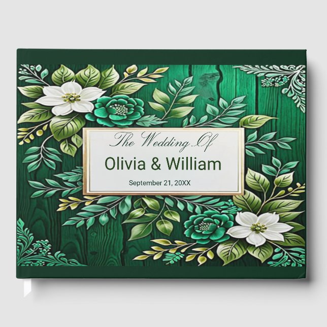 Rustikale Emerald Green Gold Blume Hochzeit Gästebuch (Vorderseite)