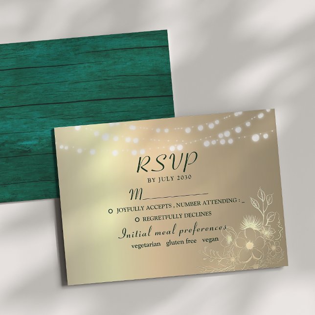 Rustikale Emerald Green Gold Wedding RSVP Card (Von Creator hochgeladen)