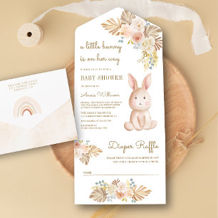 Rustikale Erdig Blumige Boho-Häschen-Baby-Party All In One Einladung