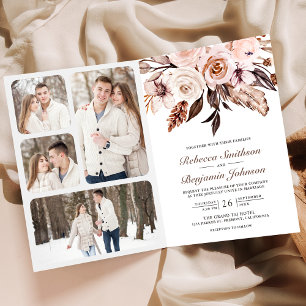 Rustikale Erdig-Elfenbein Blumen QR Code Hochzeit Einladung