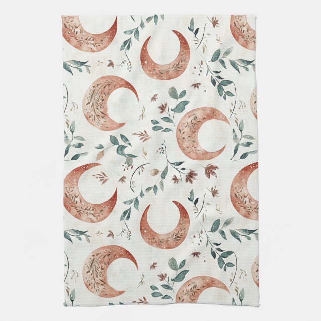 Rustikale, erdige Boho-Mond-Blumenmuster Geschirrtuch (Vertikal)